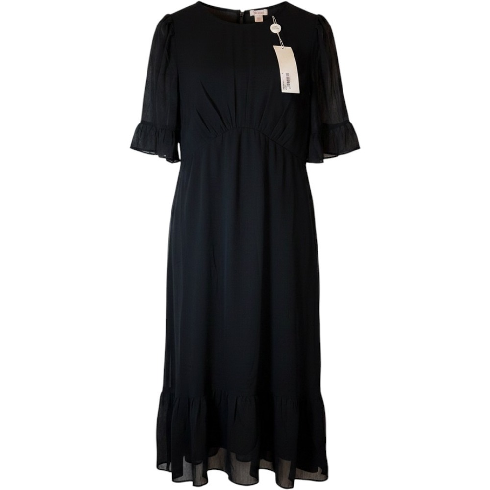 Finery Jennifer Black Chiffon Midi Dress UK 12 US 8 NWT Tiered Ruffle Sleeve